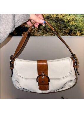 Coach Vintage SoHo Cream and Brown Leather Shoulder Bag with Buckle Accent